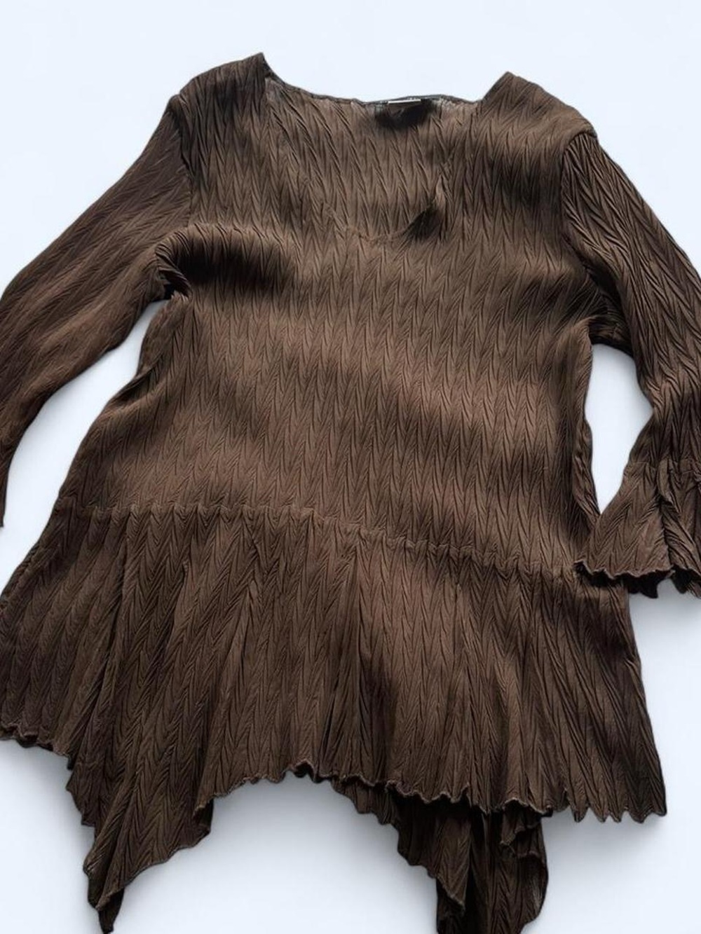 Women's Brown Pleated Long-Sleeve Top